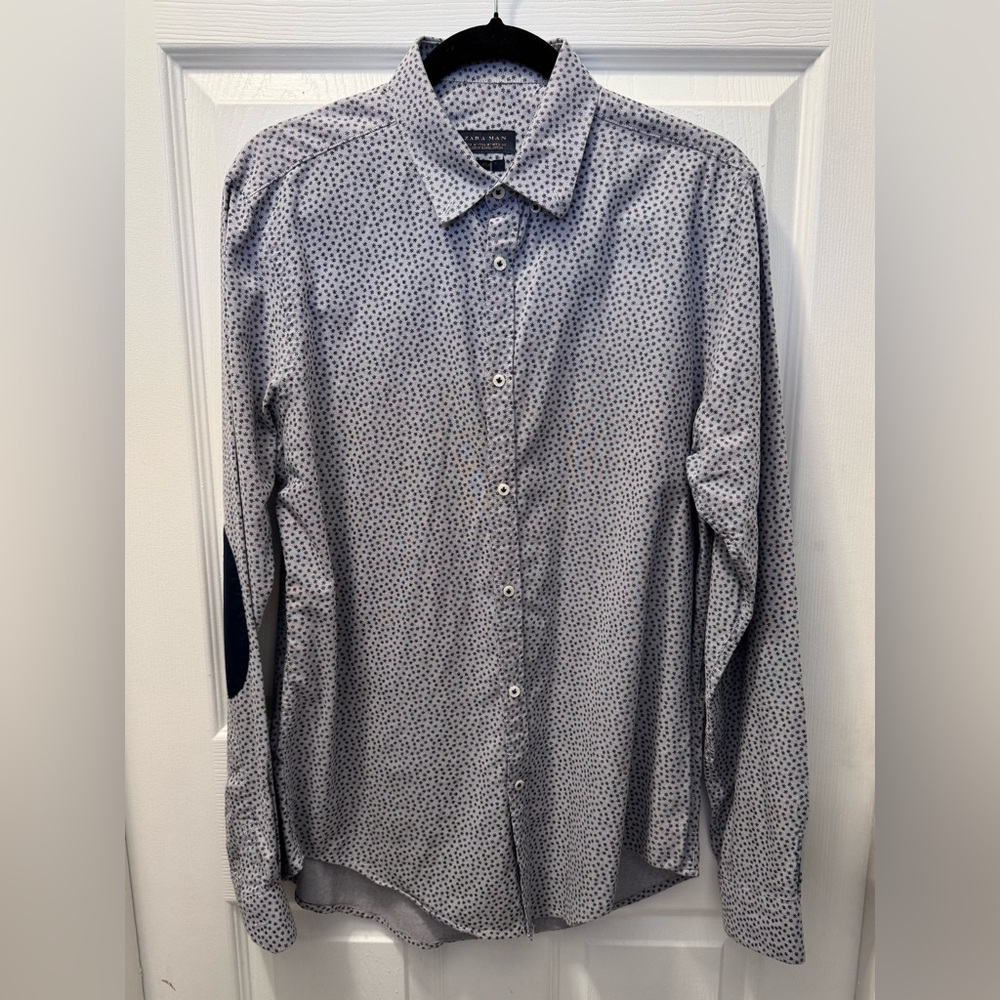 Zara Men's White and Blue Patterned Shirt
